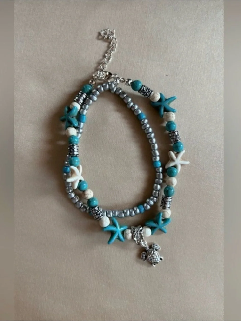 Astrid Turquoise & Silver Sea Turtle & Sea Star Beaded Anklet New
